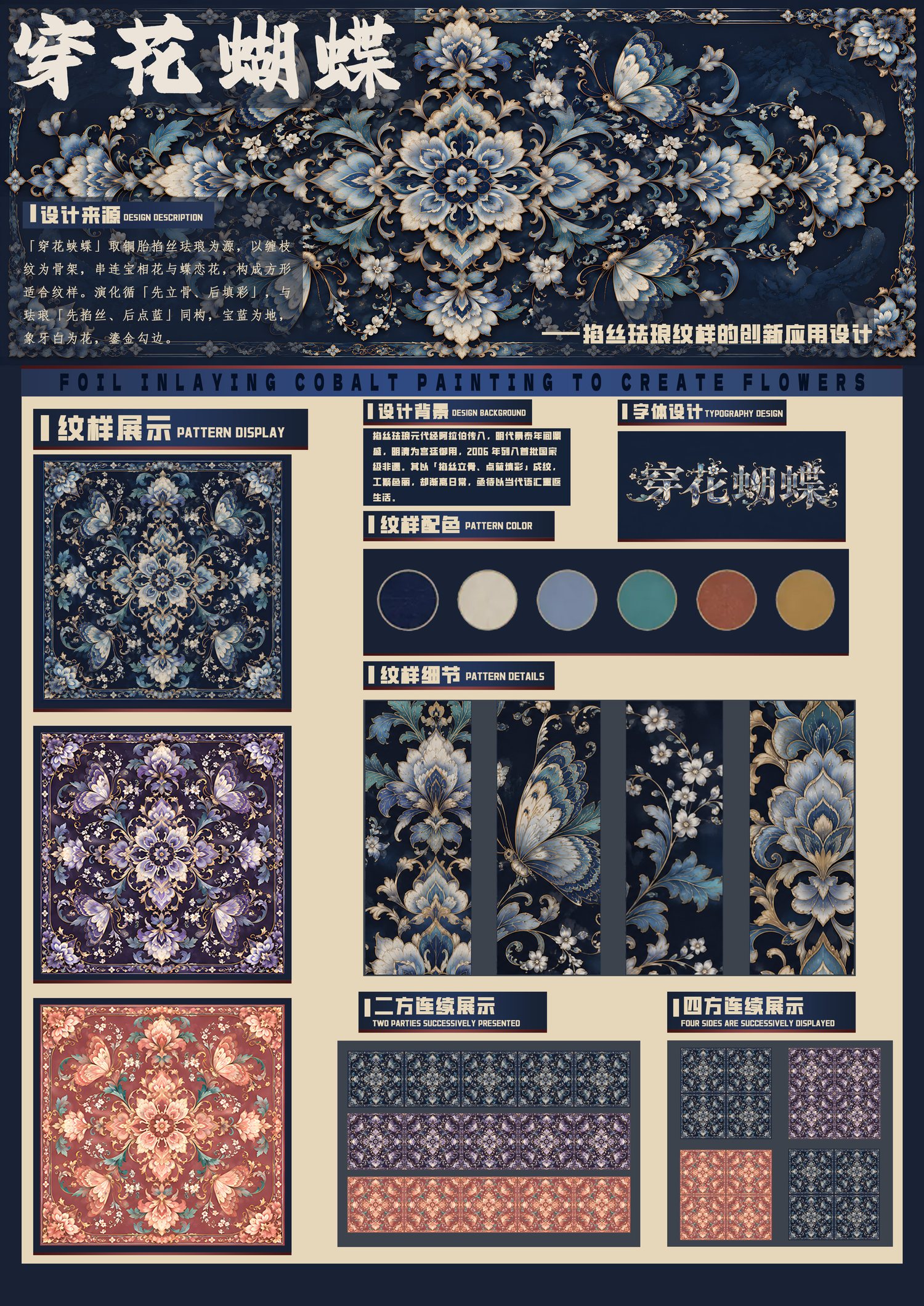 穿花蝴蝶 展板一完整版：设计来源、纹样展示、字体设计、纹样配色、纹样细节、连续展示